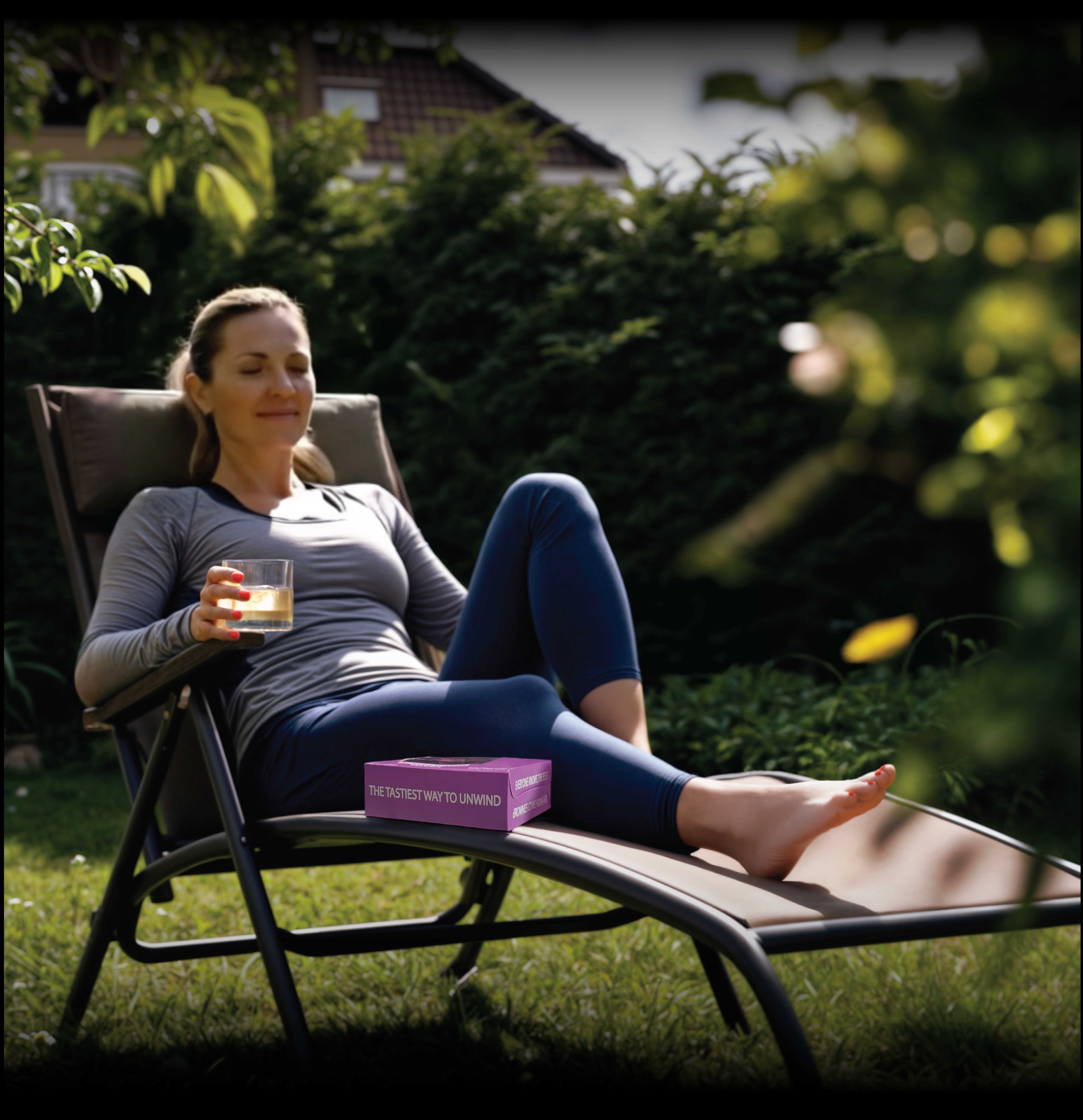 Woman relaxing with BakeSale product in backyard